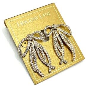 New MACY'S HOLIDAY LANE Christmas Earrings Crystal Rhinestone Bows Pierced NWT